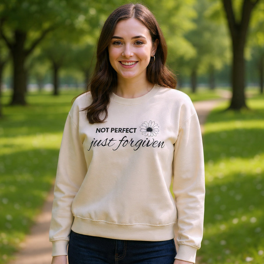 Crewneck Sweatshirt — "Not Perfect, Just Forgiven" Floral Inspirational Pullover