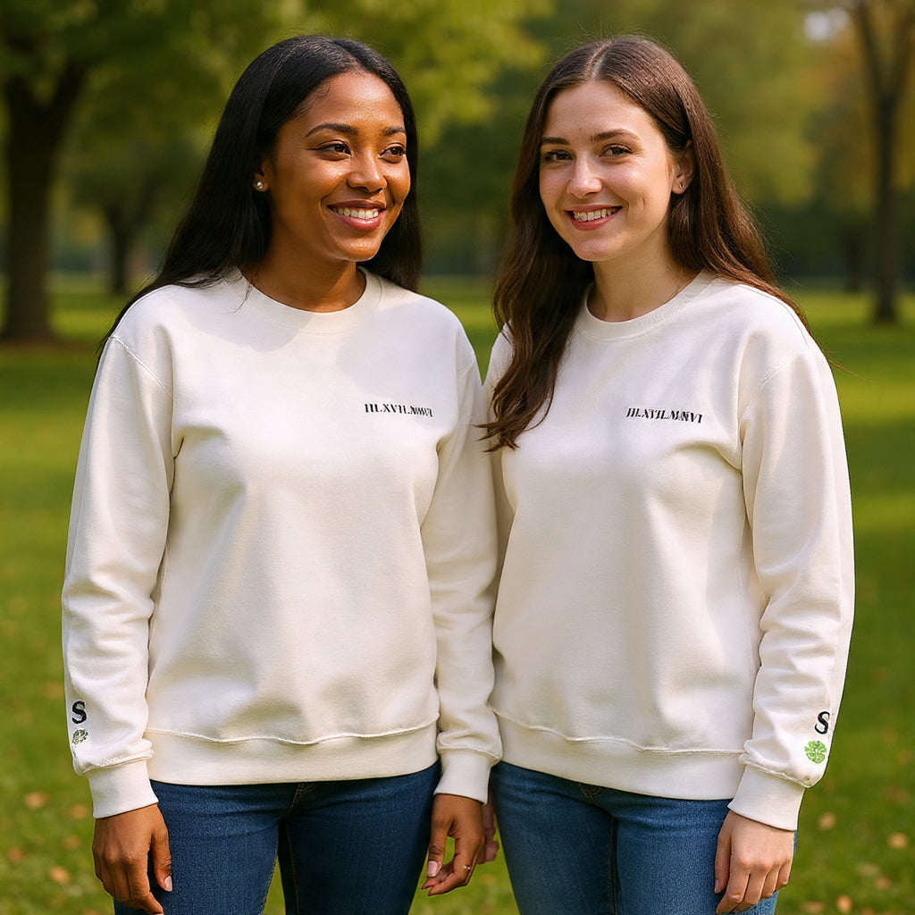Embroidered - Personalized - Couples - Crewneck Sweatshirt — Minimal 'Human Being' Chest Text with Small Sleeve Floral Accents