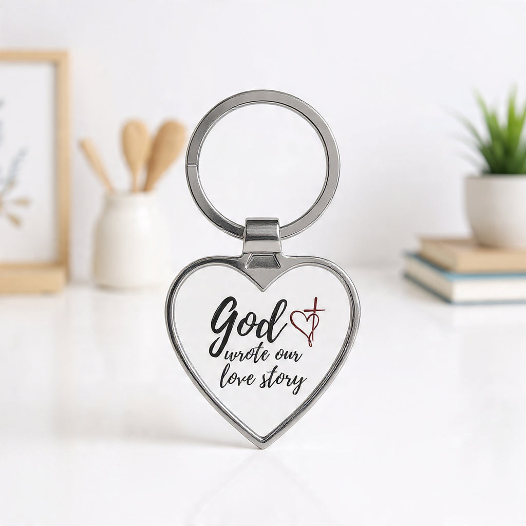 Heart Keychain — "God Wrote Our Love Story" Religious Couples Keyring, Christian Valentine Gift