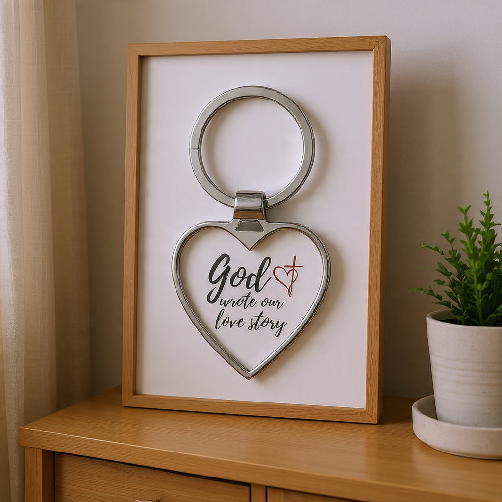 Heart Keychain — "God Wrote Our Love Story" Religious Couples Keyring, Christian Valentine Gift