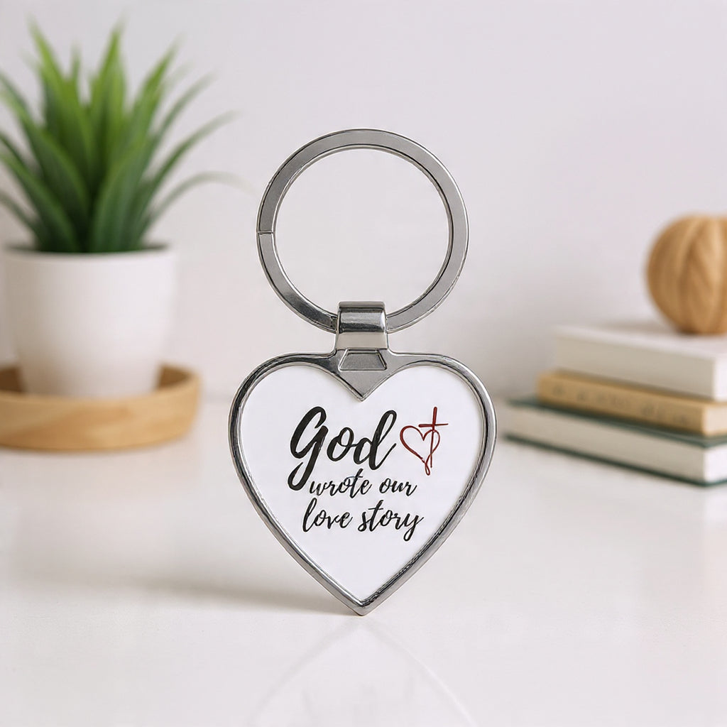 Heart Keychain — "God Wrote Our Love Story" Religious Couples Keyring, Christian Valentine Gift