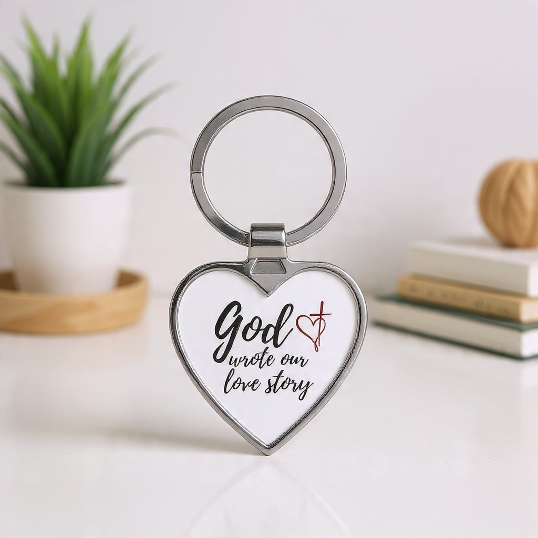 Heart Keychain — "God Wrote Our Love Story" Religious Couples Keyring, Christian Valentine Gift