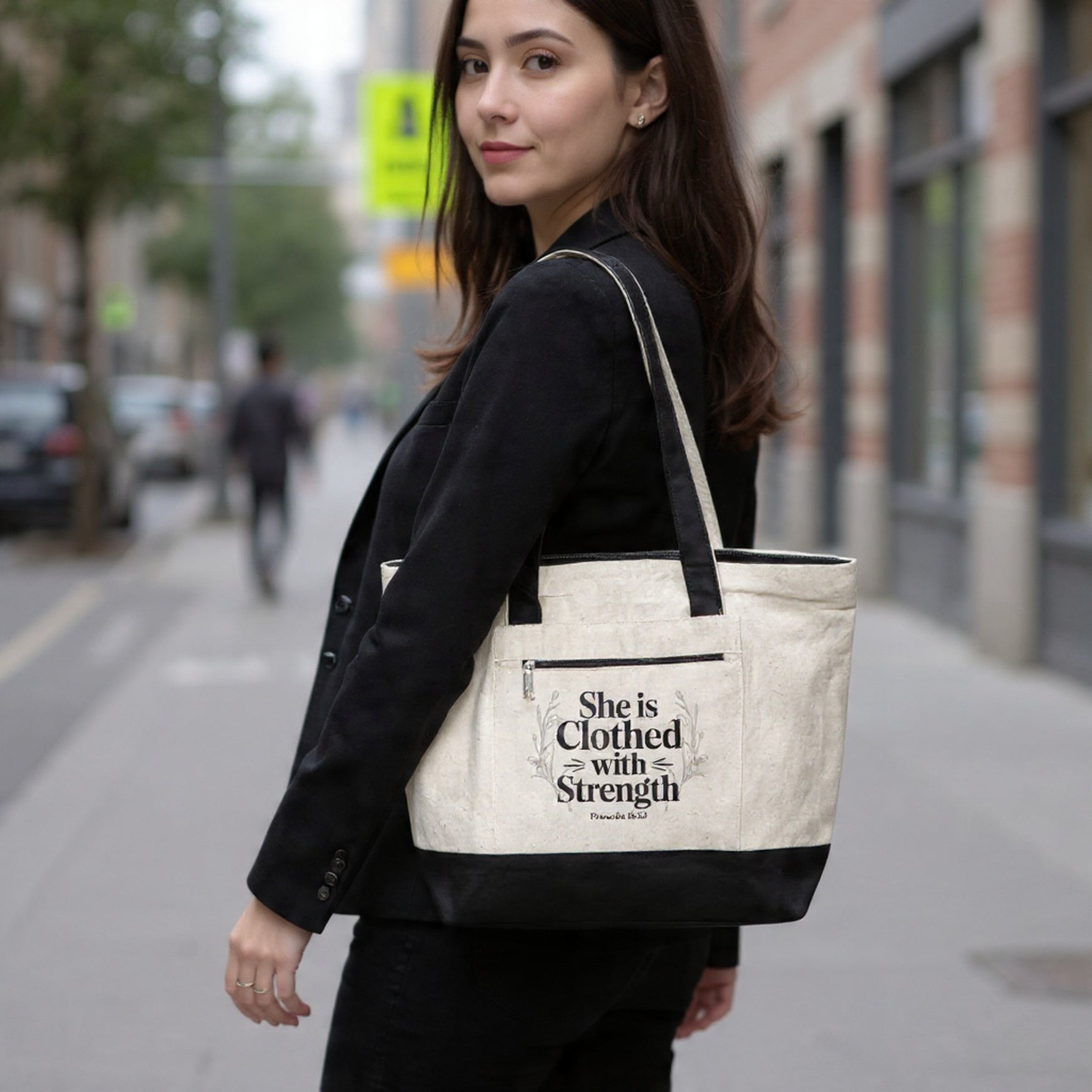 Canvas Tote Bag — "She Is Clothed With Strength" Inspirational Scripture Tote Mother's Day Gift