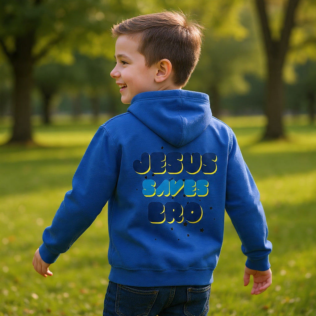 Youth Hoodie — "Jesus Saves Bro" Christian Graphic Pullover