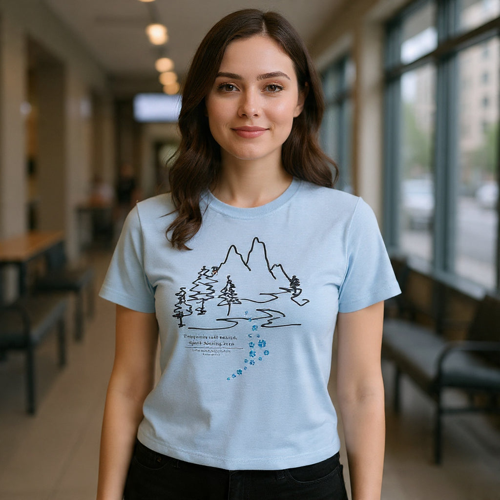Rainbow Bridge T‑Shirt — Minimal Line Art Nature Tee with 'Follow the Dog Prints' Design Psalms 121
