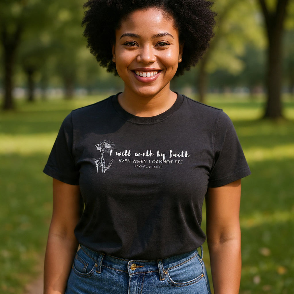 Faith Graphic Tee — "I Will Walk by Faith" Minimal Christian T-Shirt