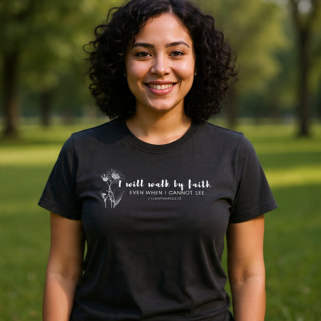 Faith Graphic Tee — "I Will Walk by Faith" Minimal Christian T-Shirt