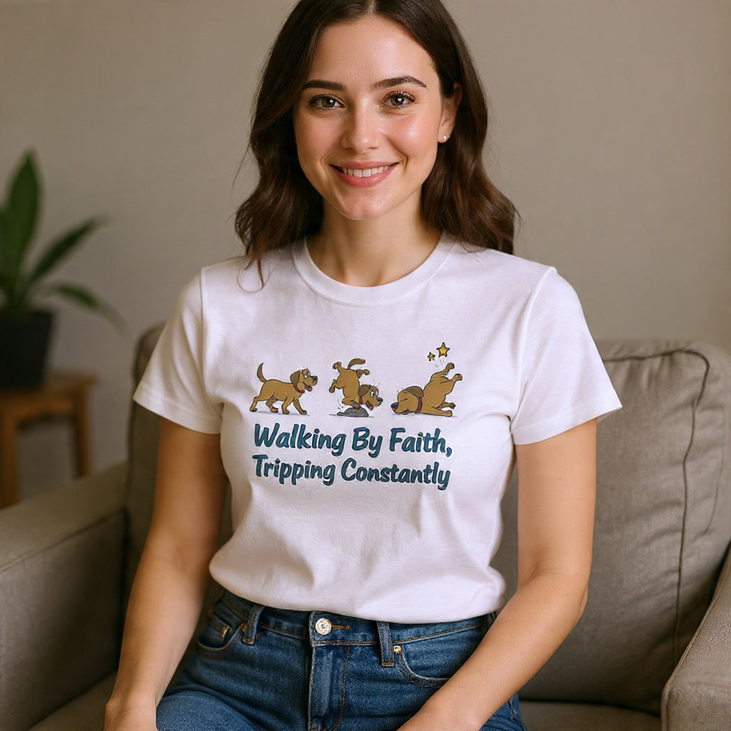 Faith Dog T-Shirt — "Walking By Faith, Tripping Constantly" Cute Christian Tee