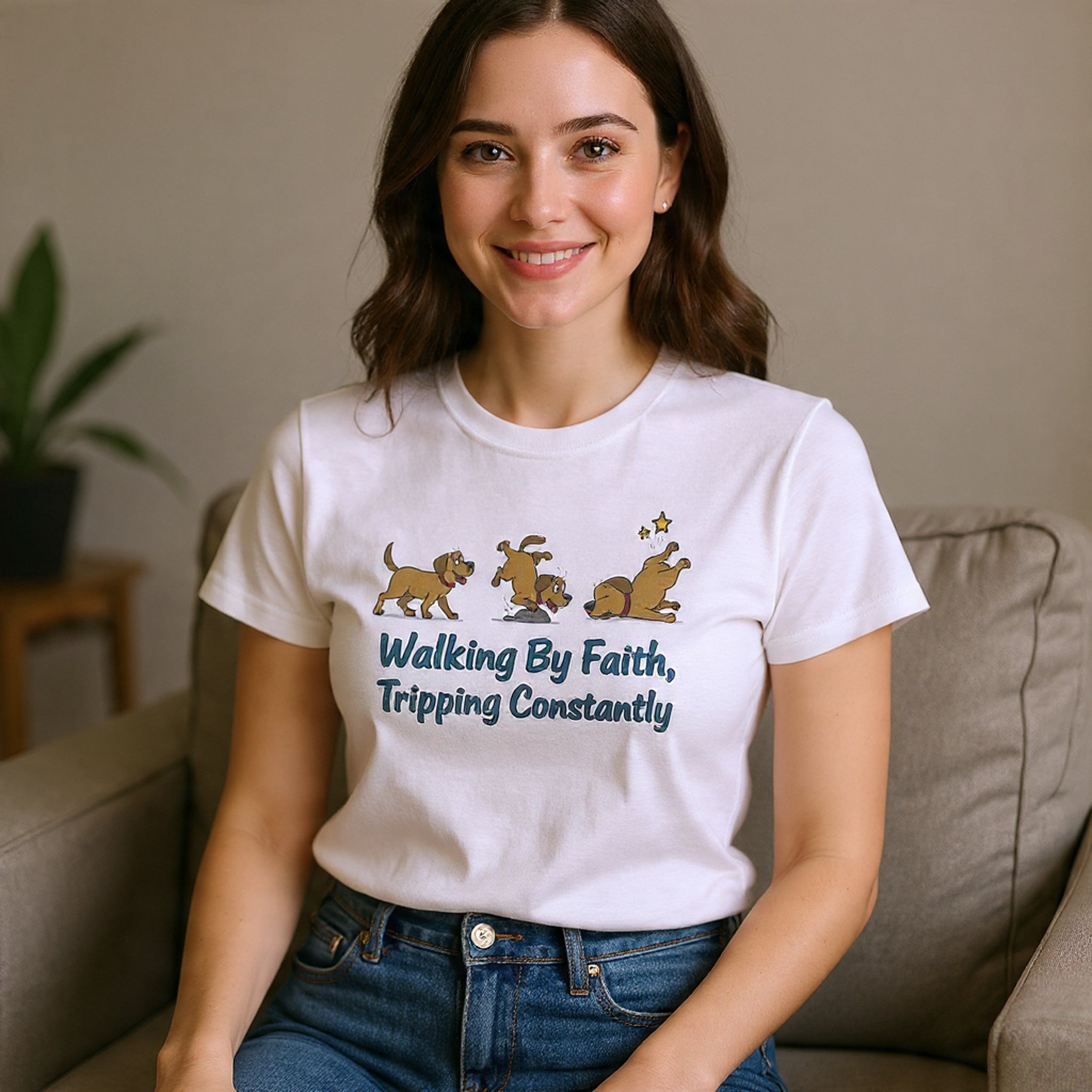 Faith Dog T-Shirt — "Walking By Faith, Tripping Constantly" Cute Christian Tee