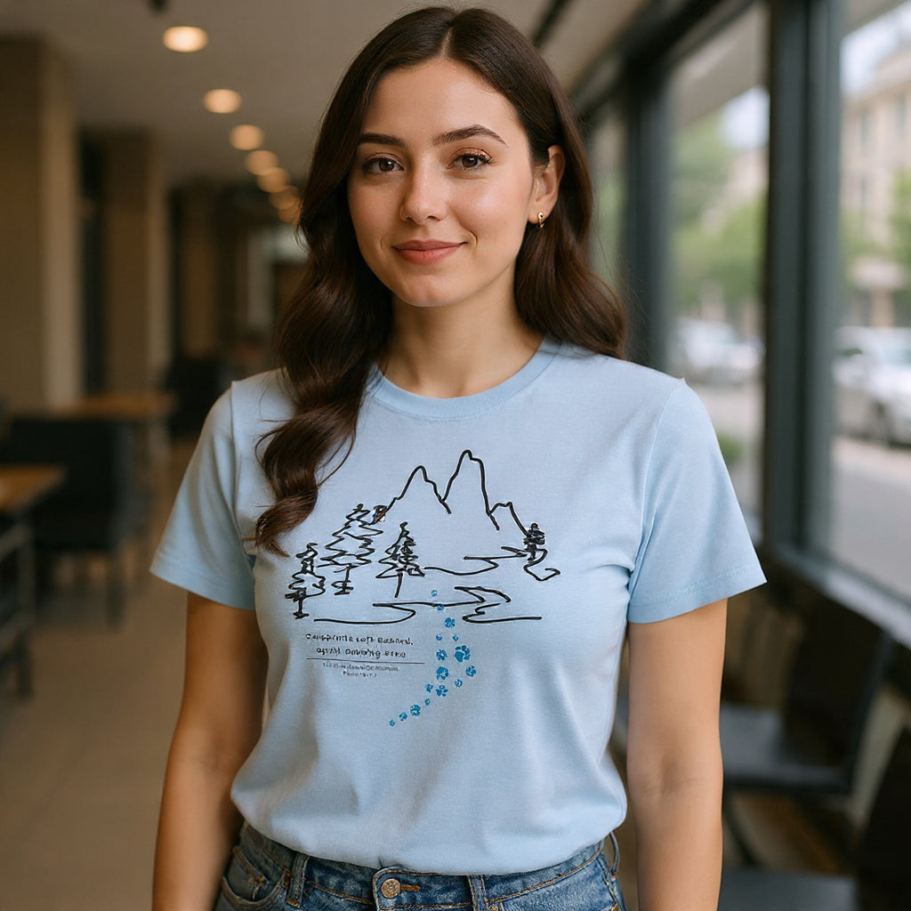 Rainbow Bridge T‑Shirt — Minimal Line Art Nature Tee with 'Follow the Dog Prints' Design Psalms 121