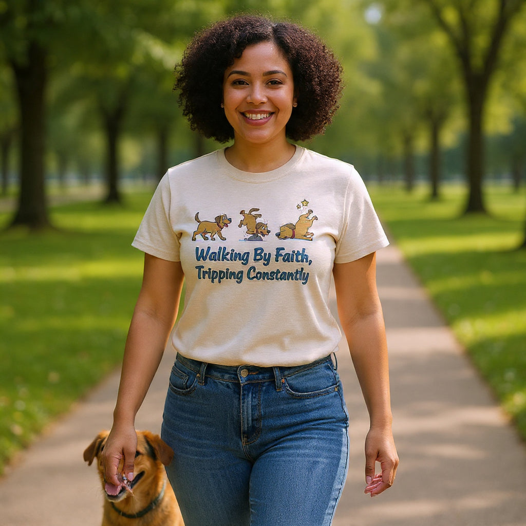 Faith Dog T-Shirt — "Walking By Faith, Tripping Constantly" Cute Christian Tee