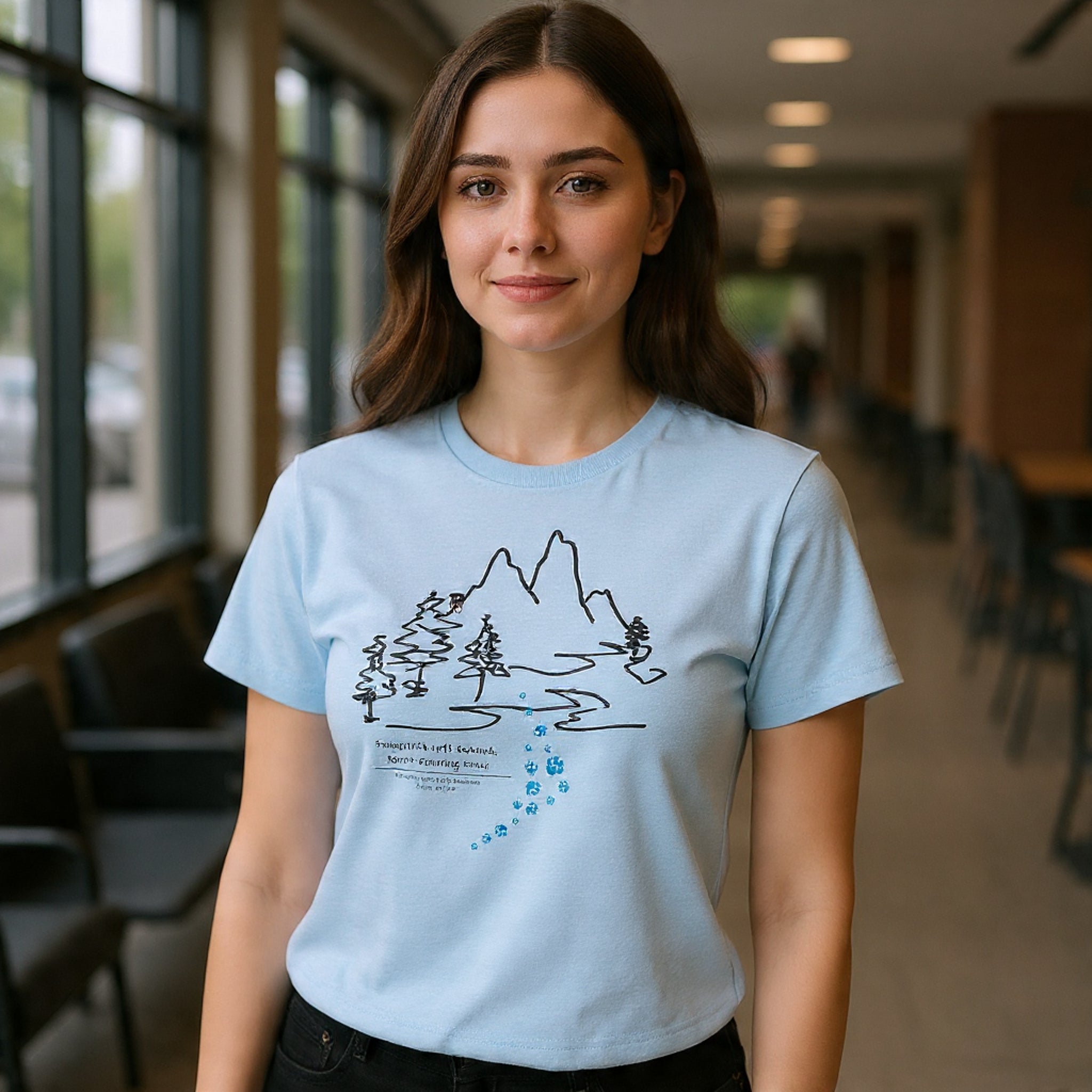 Rainbow Bridge T‑Shirt — Minimal Line Art Nature Tee with 'Follow the Dog Prints' Design Psalms 121