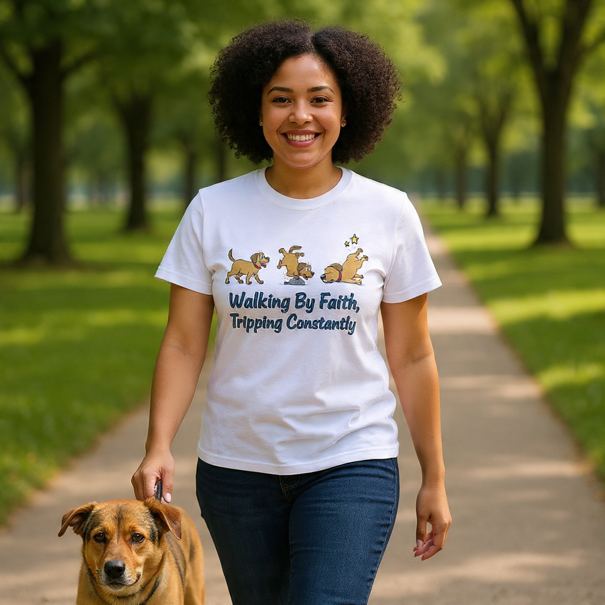 Faith Dog T-Shirt — "Walking By Faith, Tripping Constantly" Cute Christian Tee