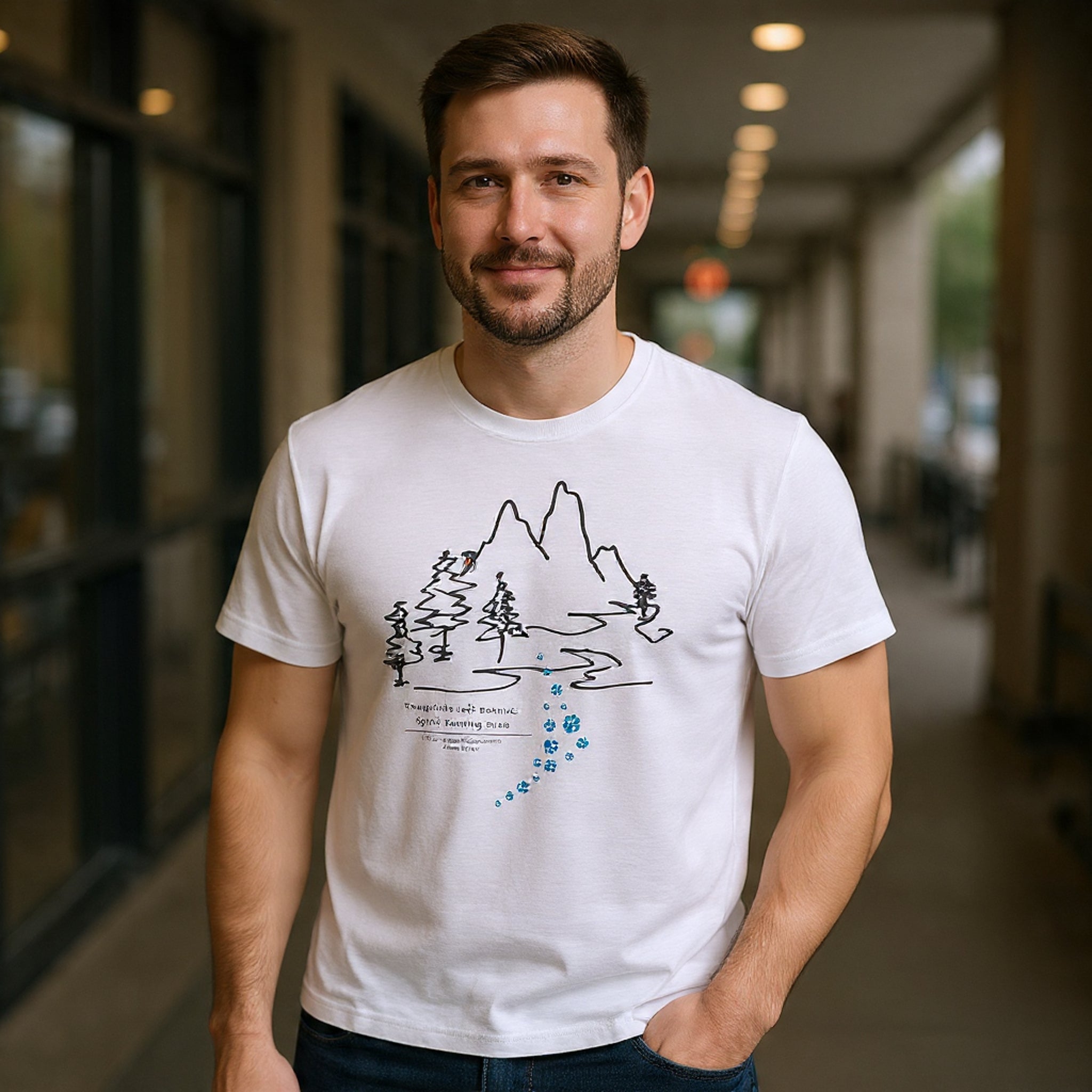 Rainbow Bridge T‑Shirt — Minimal Line Art Nature Tee with 'Follow the Dog Prints' Design Psalms 121