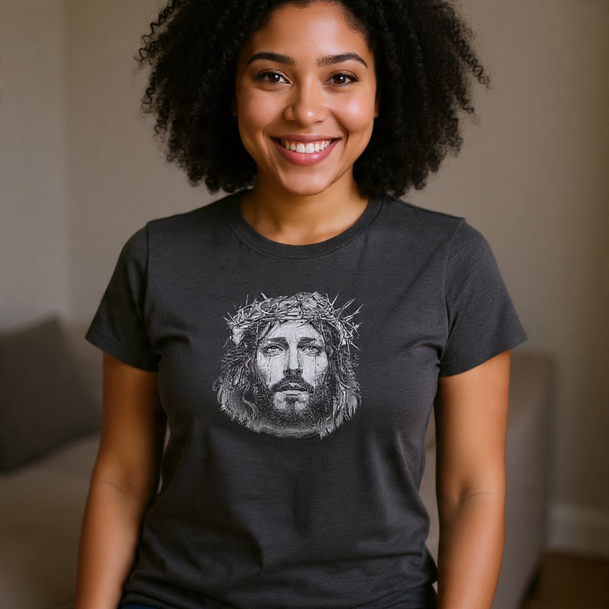 Christian Jesus Portrait Women's Tee - Crown of Thorns Faith T-Shirt