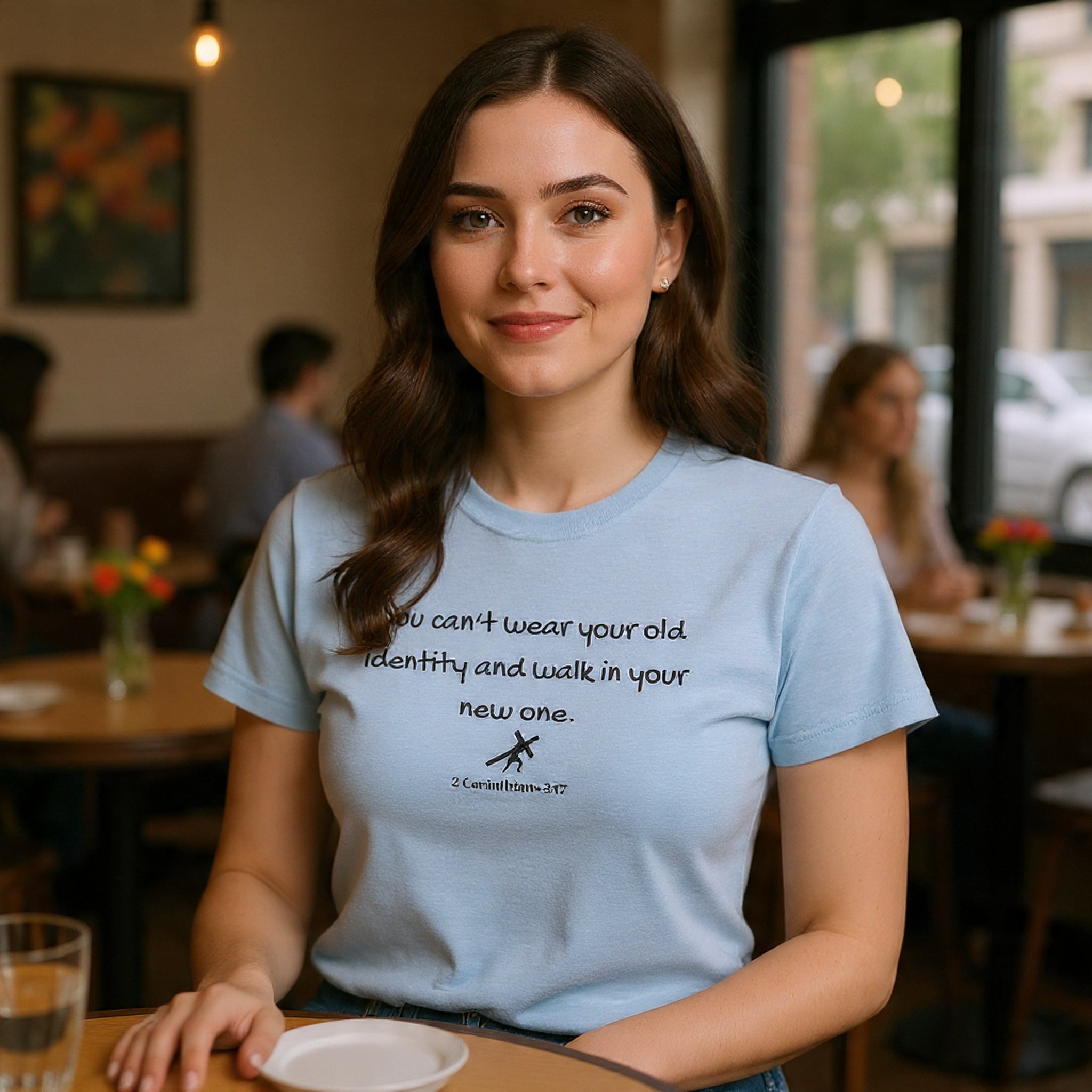 Inspirational Quote Tee — "You can't wear your old identity and walk in your new one." 2 Cor 5:17
