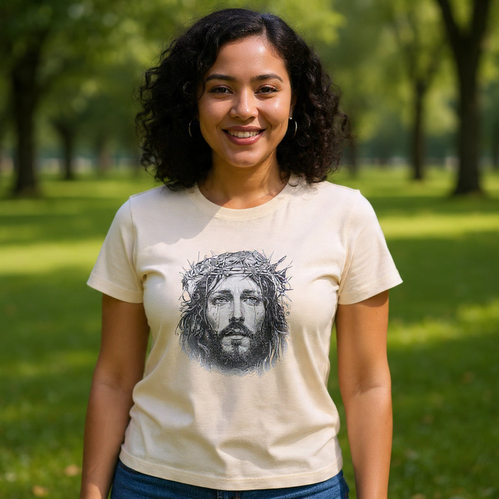 Christian Jesus Portrait Women's Tee - Crown of Thorns Faith T-Shirt