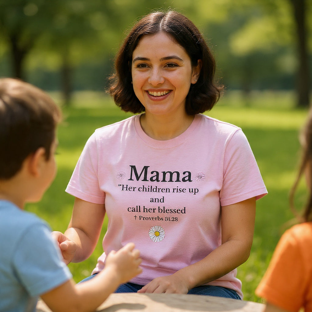 Mama Proverbs 31:28 T‑Shirt — 'Her children rise up and call her blessed' Floral Mom Tee - Mother's Day Gift