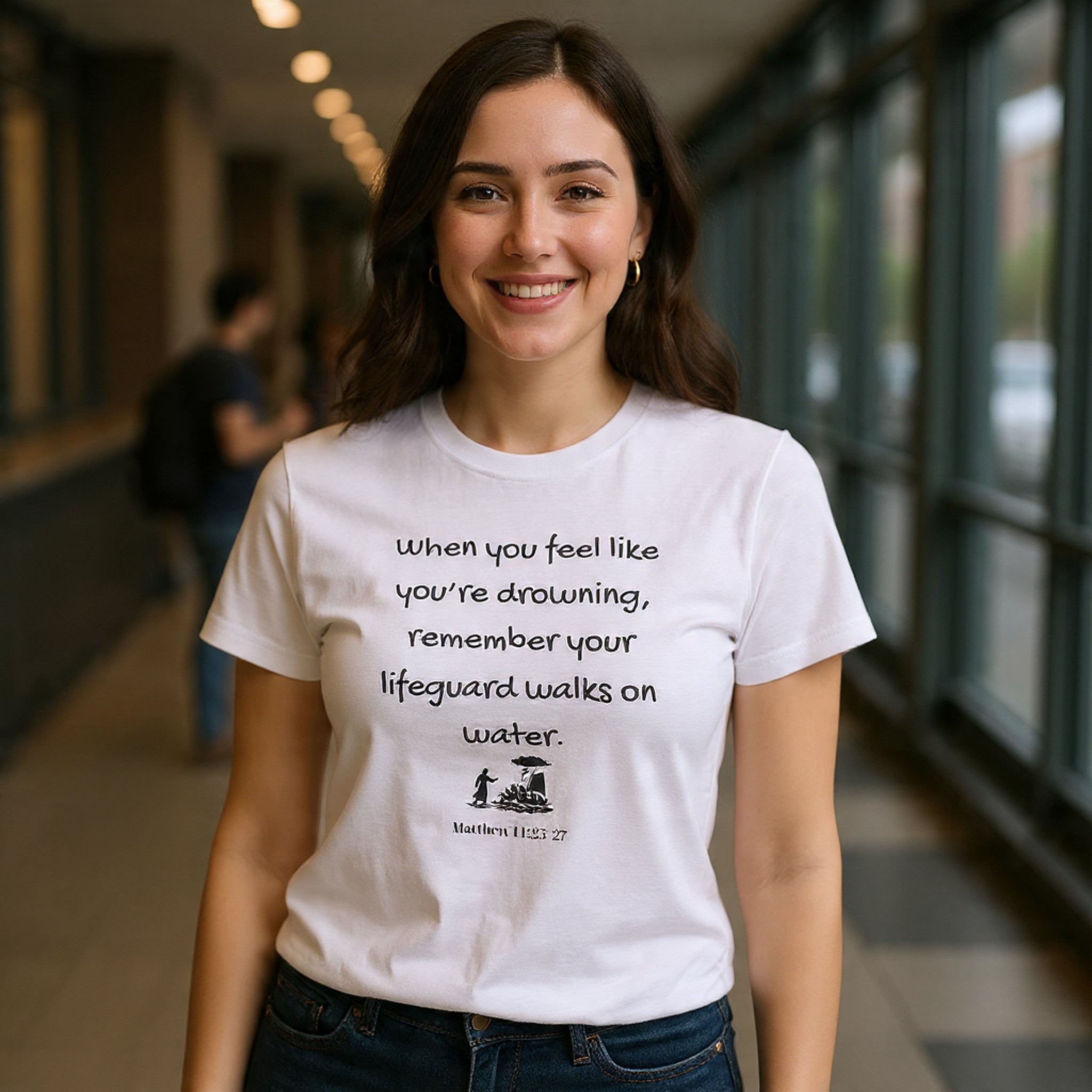 Faith Lifeguard T-Shirt — "When you feel like you're drowning, remember your lifeguard walks on water." (Matthew 14:25-27)