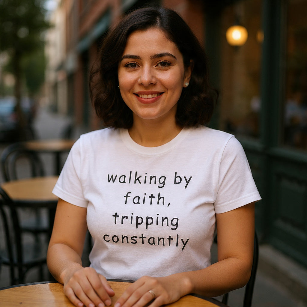 Faith Quote T-Shirt — "walking by faith, tripping constantly" Christian Tee