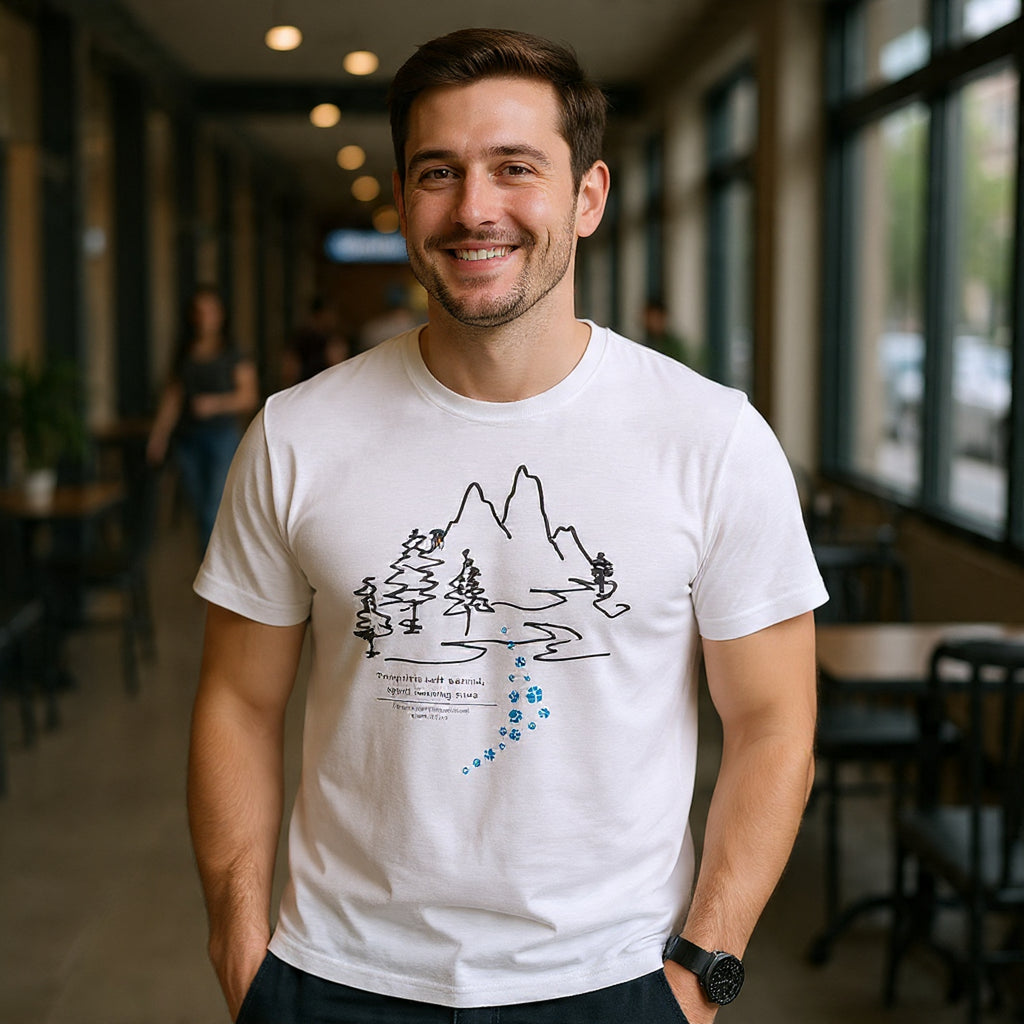 Rainbow Bridge T‑Shirt — Minimal Line Art Nature Tee with 'Follow the Dog Prints' Design Psalms 121