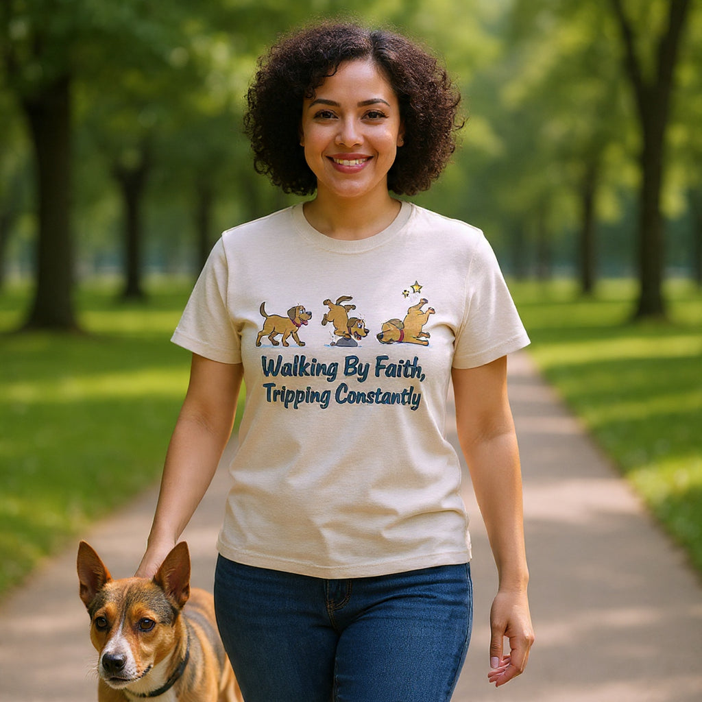 Faith Dog T-Shirt — "Walking By Faith, Tripping Constantly" Cute Christian Tee