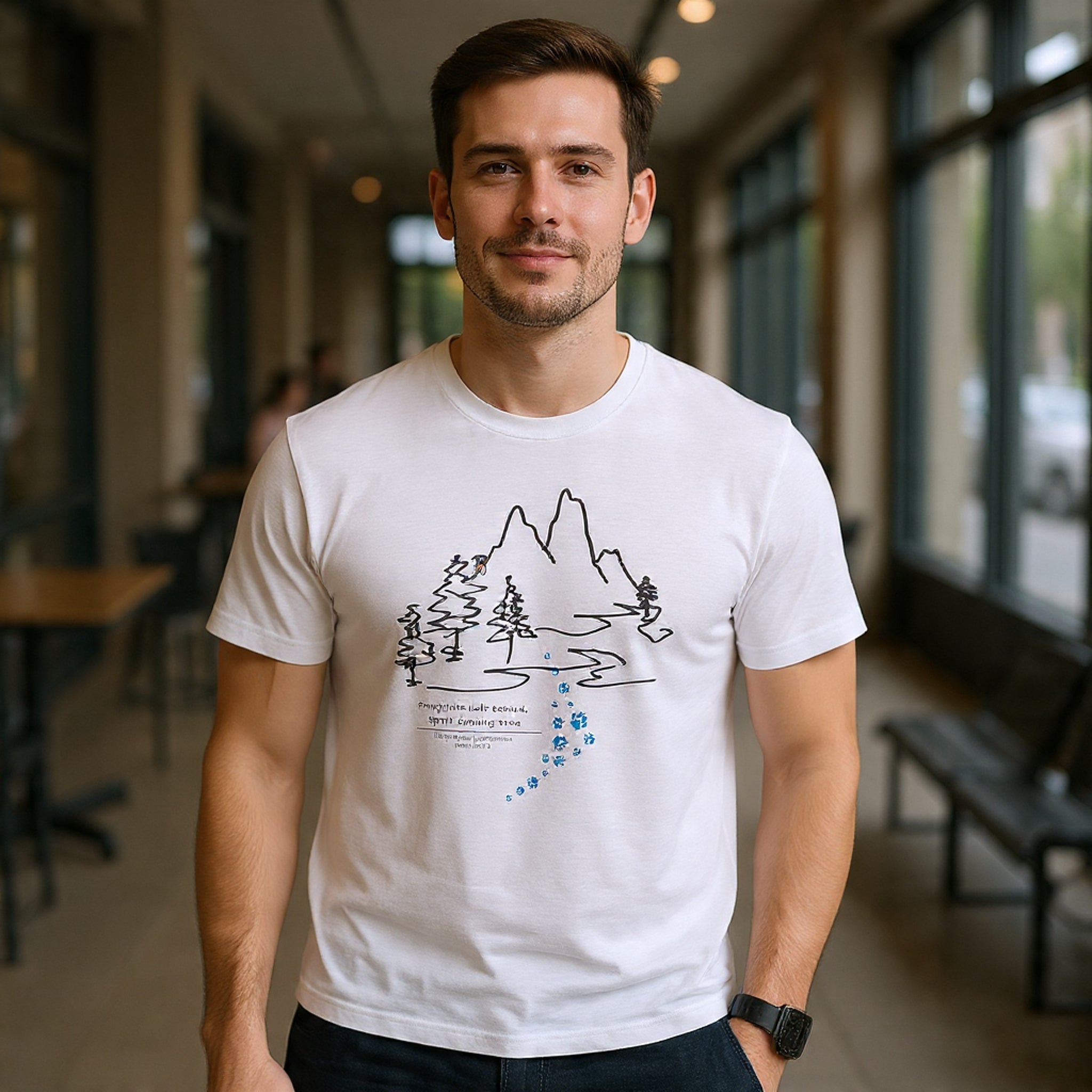 Rainbow Bridge T‑Shirt — Minimal Line Art Nature Tee with 'Follow the Dog Prints' Design Psalms 121