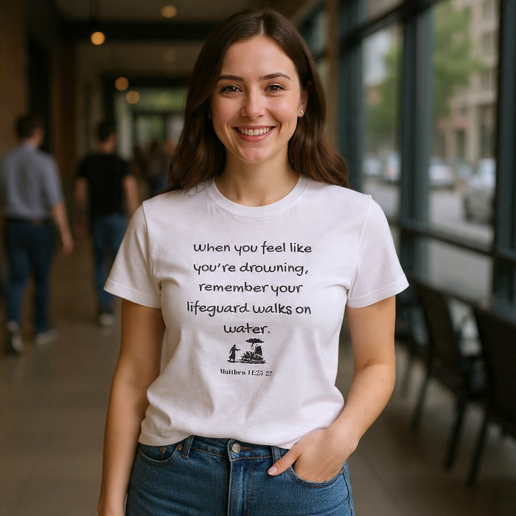 Faith Lifeguard T-Shirt — "When you feel like you're drowning, remember your lifeguard walks on water." (Matthew 14:25-27)