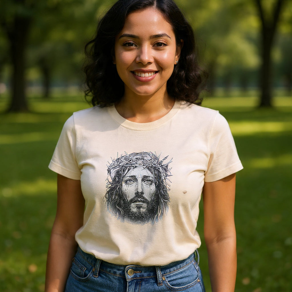 Christian Jesus Portrait Women's Tee - Crown of Thorns Faith T-Shirt