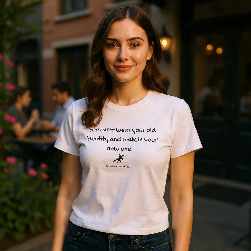Inspirational Quote Tee — "You can't wear your old identity and walk in your new one." 2 Cor 5:17