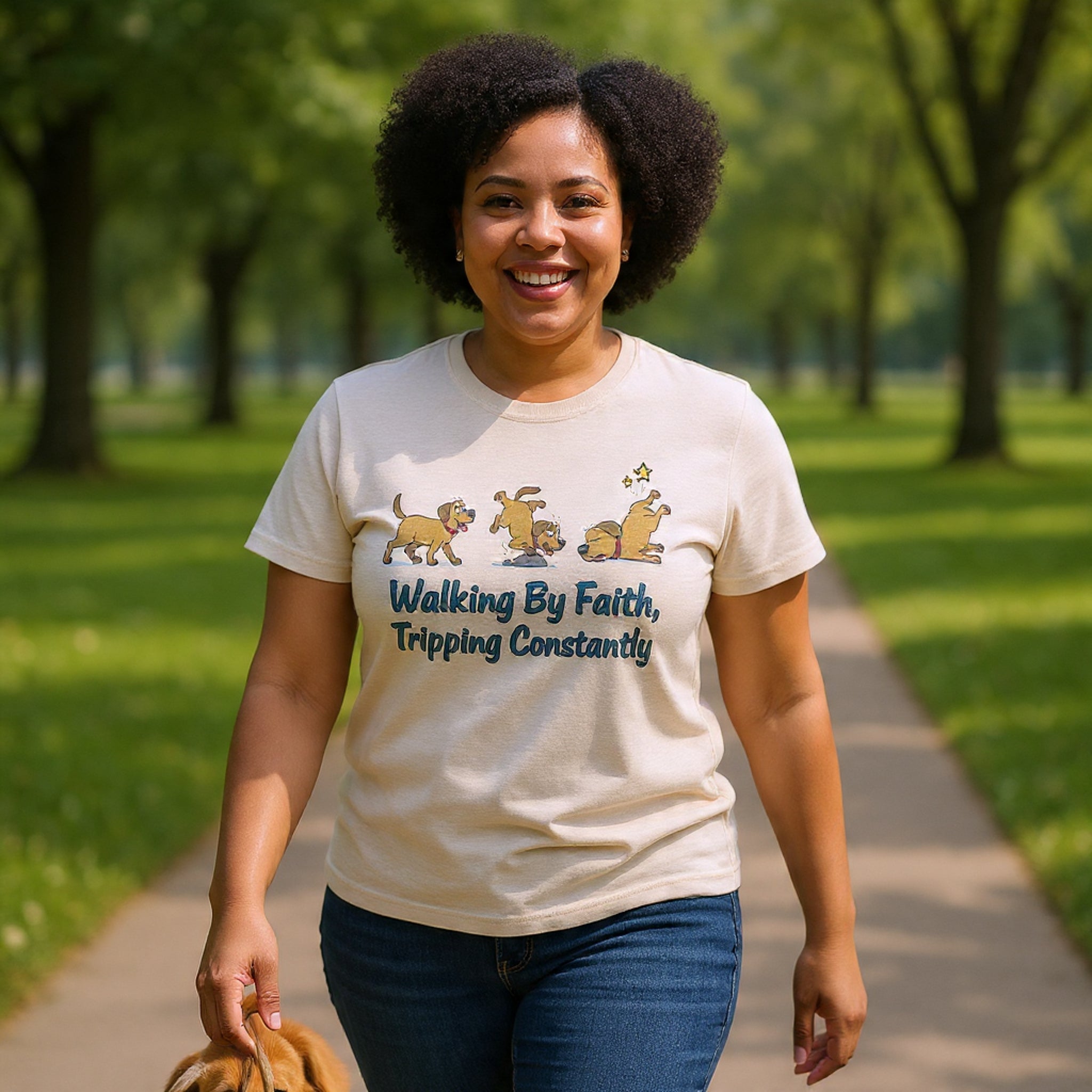 Faith Dog T-Shirt — "Walking By Faith, Tripping Constantly" Cute Christian Tee