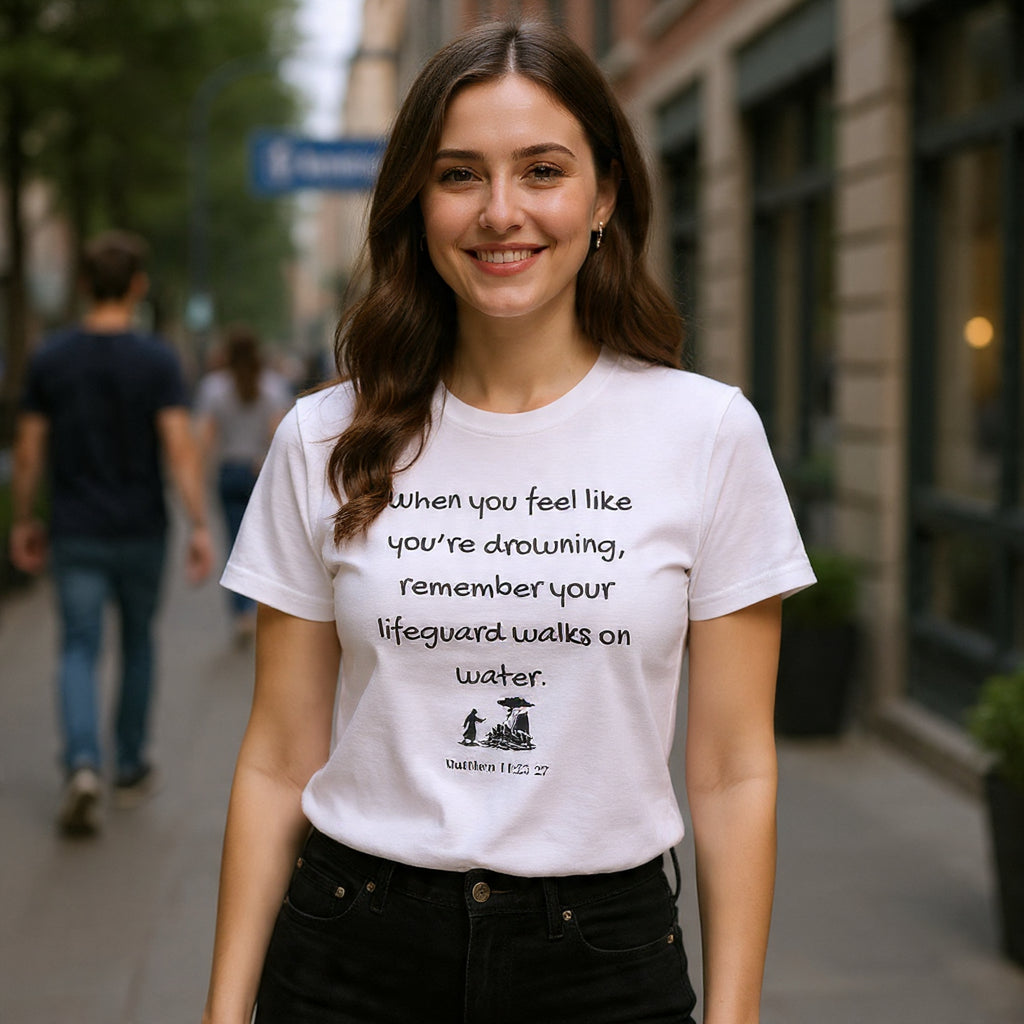 Faith Lifeguard T-Shirt — "When you feel like you're drowning, remember your lifeguard walks on water." (Matthew 14:25-27)