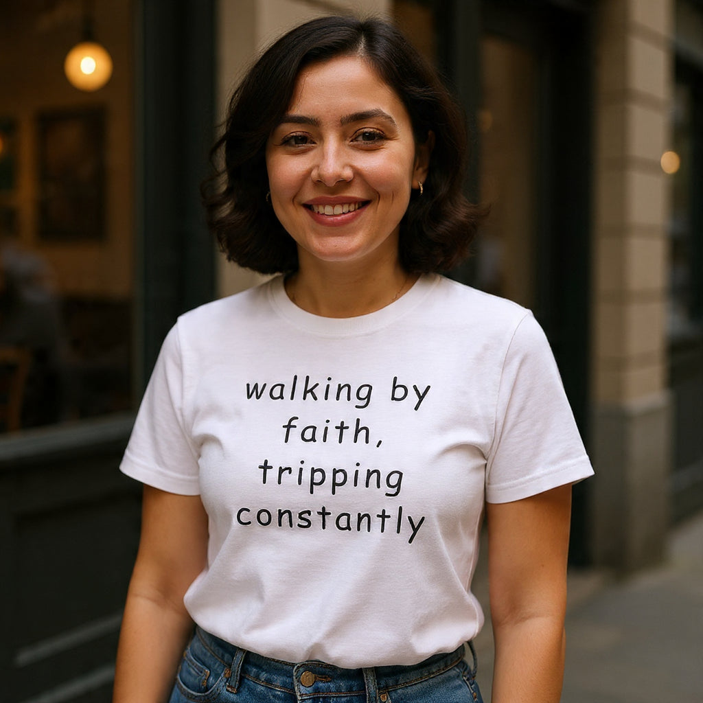 Faith Quote T-Shirt — "walking by faith, tripping constantly" Christian Tee