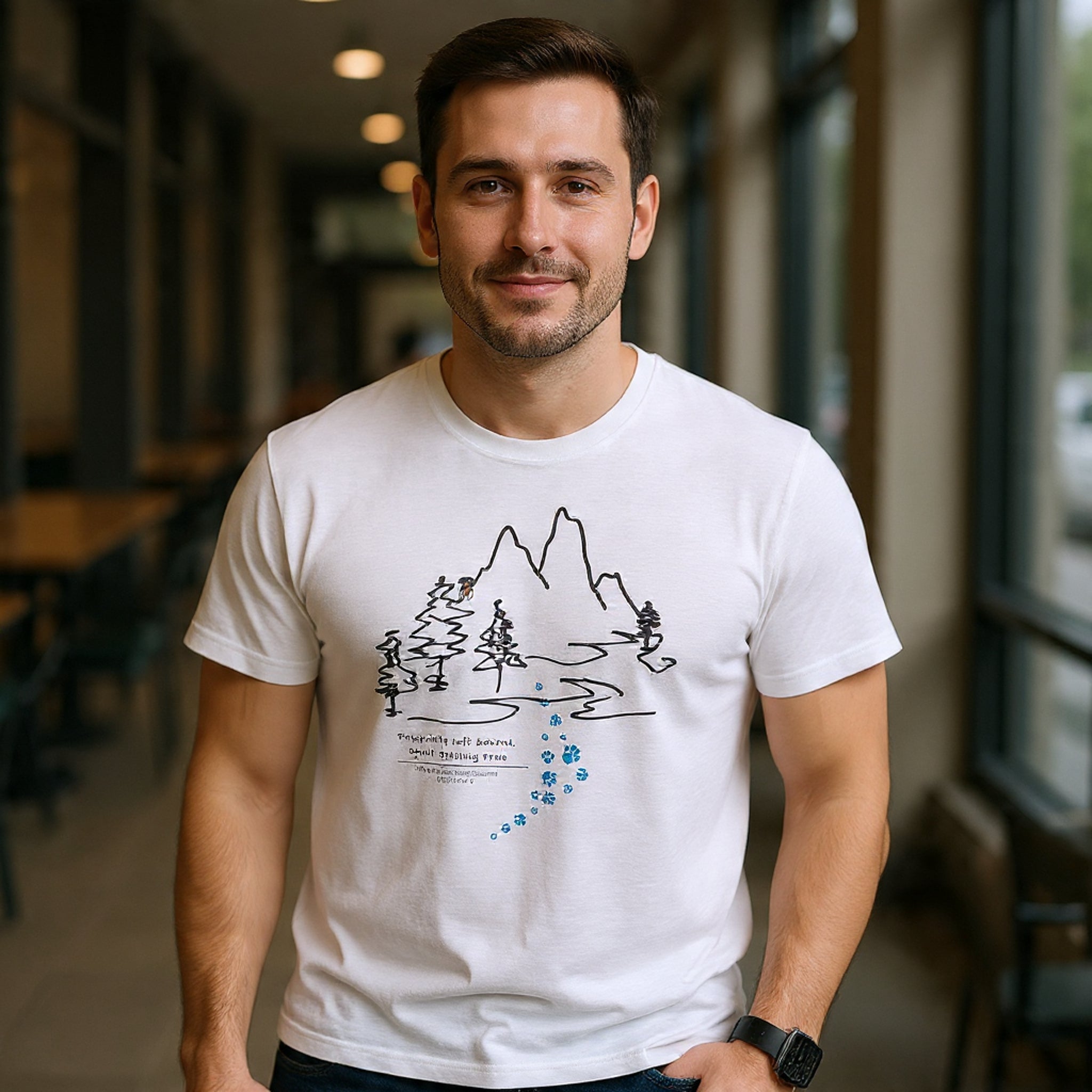 Rainbow Bridge T‑Shirt — Minimal Line Art Nature Tee with 'Follow the Dog Prints' Design Psalms 121