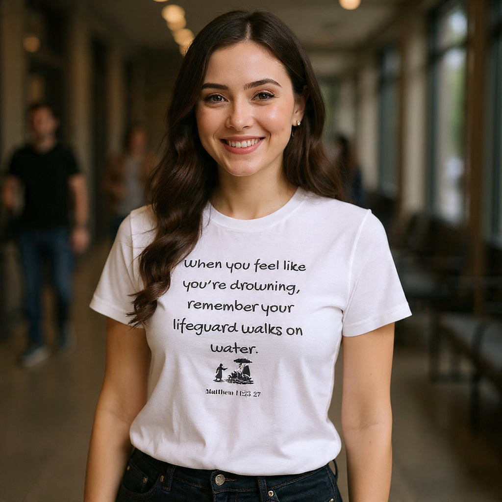 Faith Lifeguard T-Shirt — "When you feel like you're drowning, remember your lifeguard walks on water." (Matthew 14:25-27)