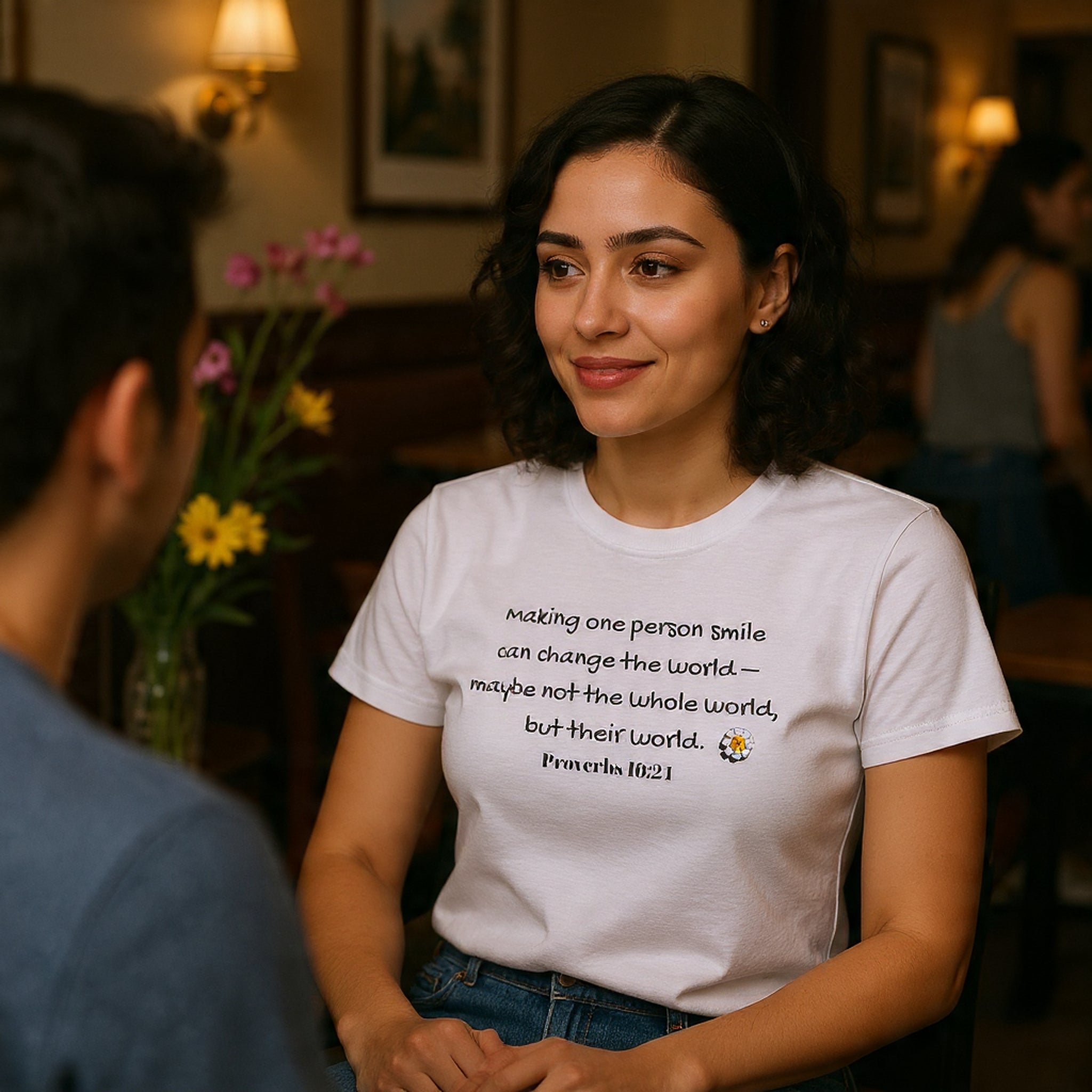 Inspirational Daisy Tee — “Making one person smile can change the world” Proverbs 11:21