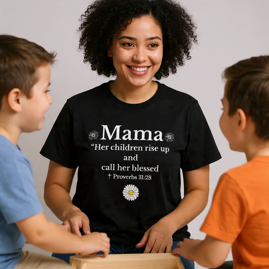 Mama Proverbs 31:28 T‑Shirt — 'Her children rise up and call her blessed' Floral Mom Tee - Mother's Day Gift