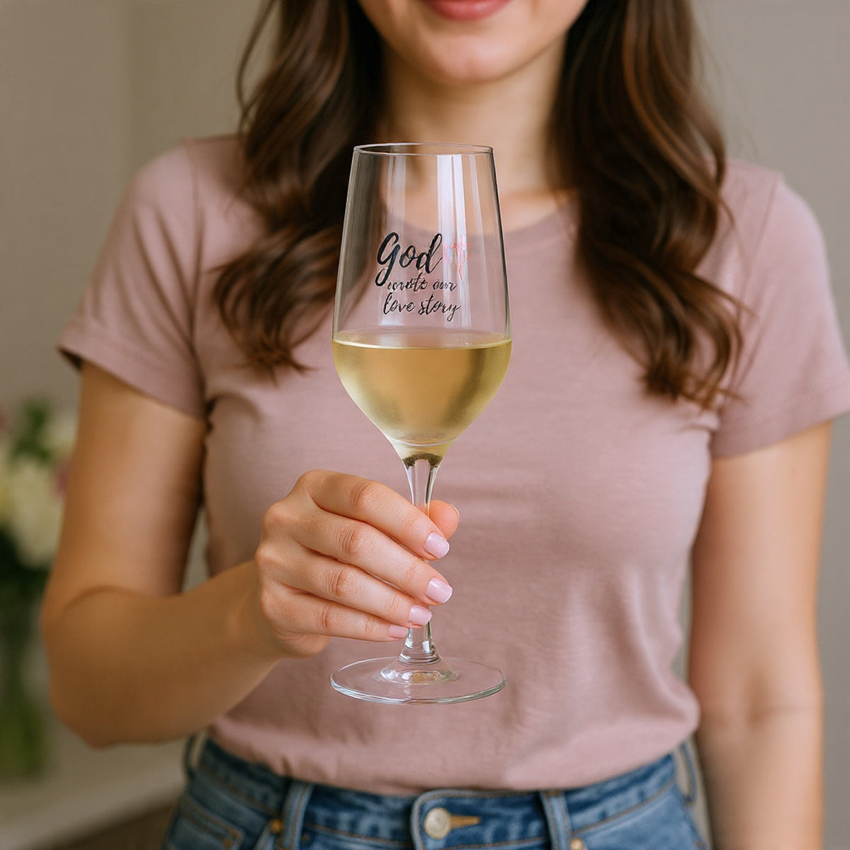 Personalized Engraved Champagne Glass 8.25 oz – “God Wrote Our Love Story” Romantic Toast Gift