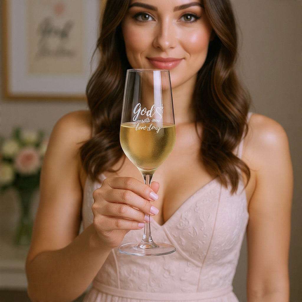 Personalized Engraved Champagne Glass 8.25 oz – “God Wrote Our Love Story” Romantic Toast Gift