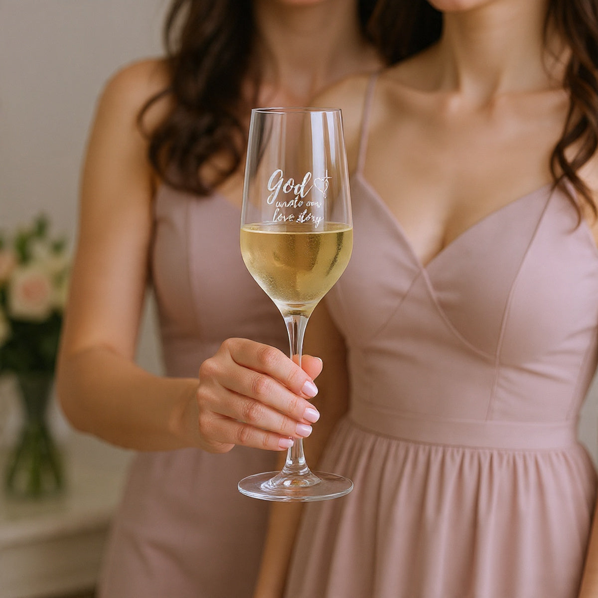 Personalized Engraved Champagne Glass 8.25 oz – “God Wrote Our Love Story” Romantic Toast Gift