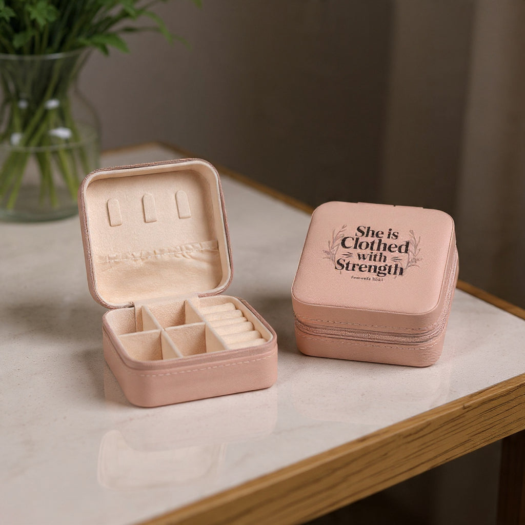 Jewelry Travel Case — 'She Is Clothed with Strength' Compact Portable Organizer