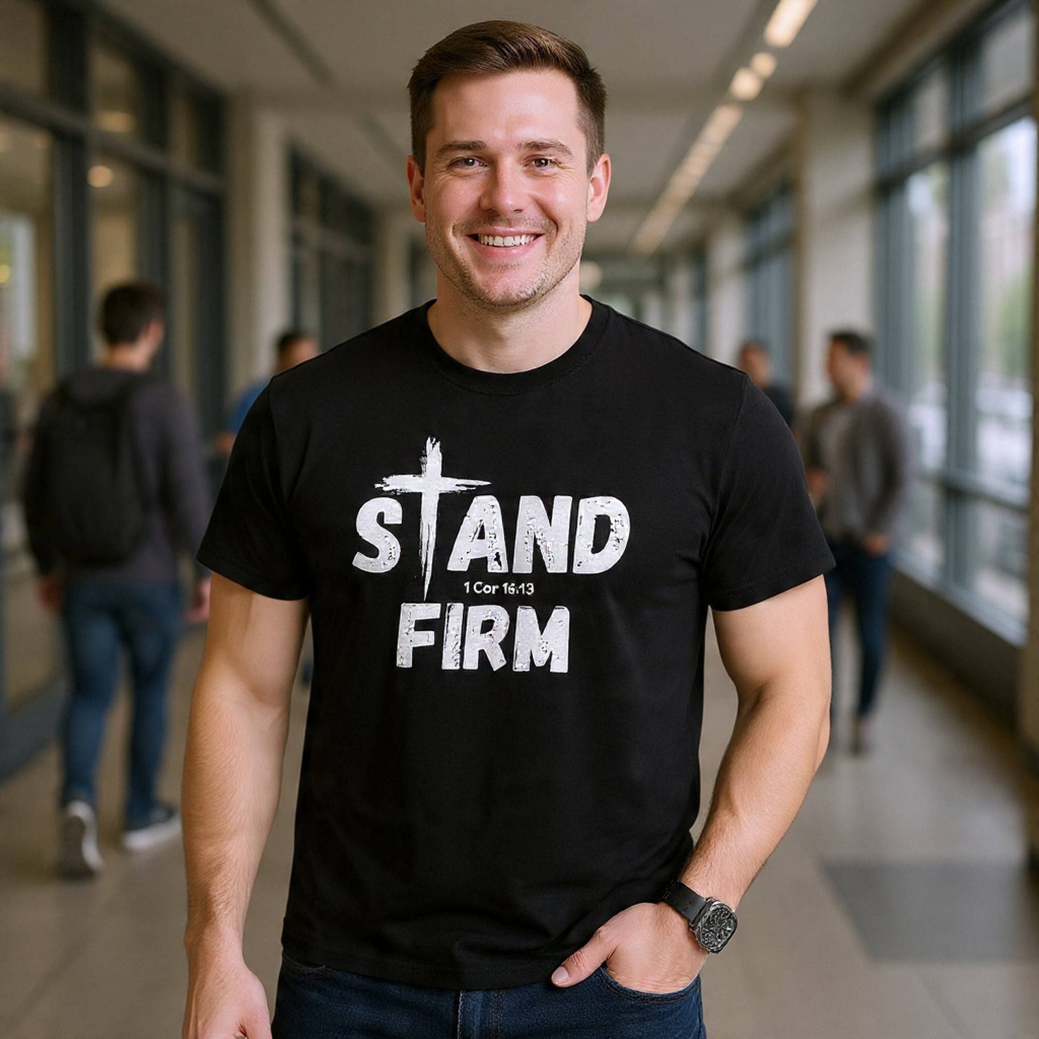 Stand Firm T-Shirt — Christian Faith Tee with Cross & 1 Cor 16:13 Inspirational Design