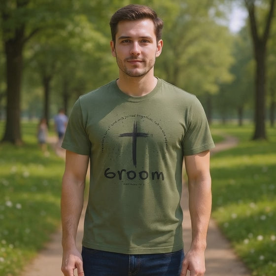 Groom Cross Tee — Christian Wedding Groom T-Shirt (Scripture Verse Design) - Christian - Matthew 19:6