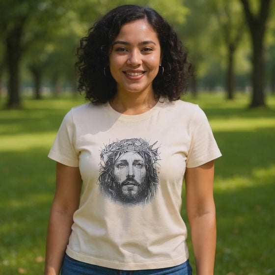 Christian Jesus Portrait Women's Tee - Crown of Thorns Faith T-Shirt