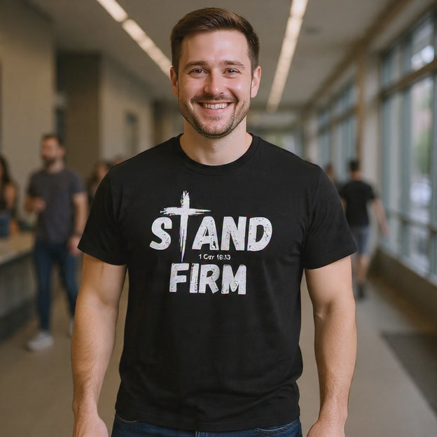 Stand Firm T-Shirt — Christian Faith Tee with Cross & 1 Cor 16:13 Inspirational Design