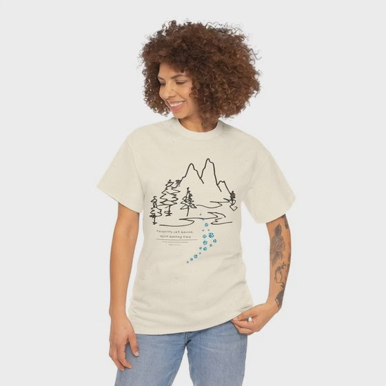 Rainbow Bridge T‑Shirt — Minimal Line Art Nature Tee with 'Follow the Dog Prints' Design Psalms 121