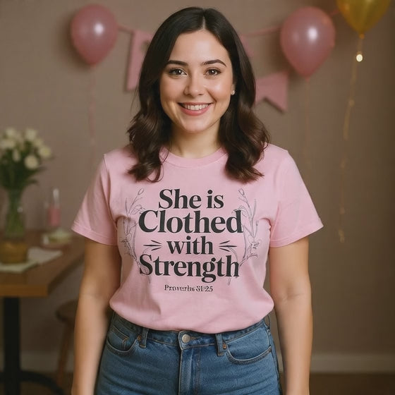 She Is Clothed With Strength T-Shirt — Proverbs 31:25 Inspirational Christian Tee Mother's Day Comfort Color