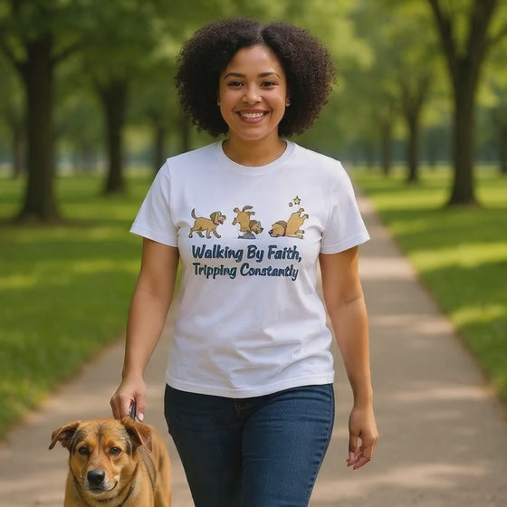 Faith Dog T-Shirt — "Walking By Faith, Tripping Constantly" Cute Christian Tee