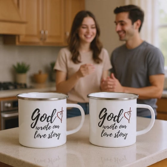 Enamel Mug — "God Wrote Our Love Story" Christian Camping Coffee Cup