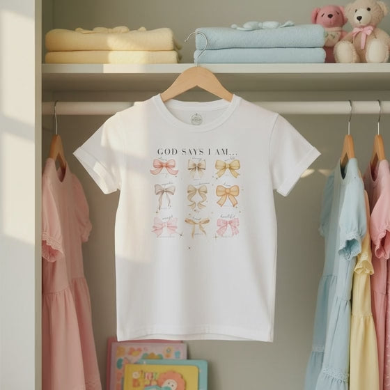 Kids Tee — 'God Says I Am' Pastel Bow Graphic